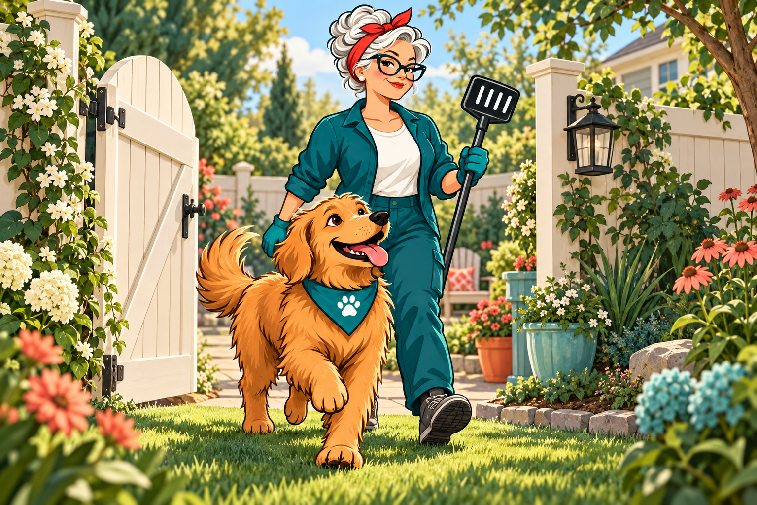 Mimi and her golden dog sidekick stepping through a garden gate into a sunny yard.