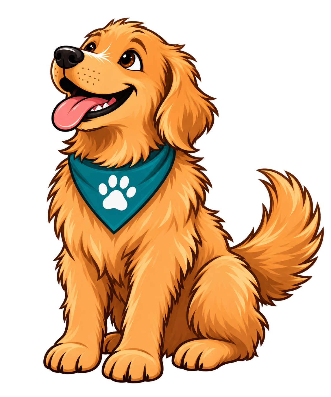 Mimi’s golden dog sidekick, wearing the teal paw-print bandana.
