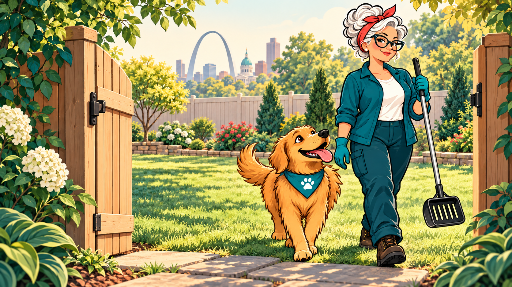 Mimi and her golden dog sidekick, the storybook characters for Mimi Scoopins, in a St. Louis backyard.